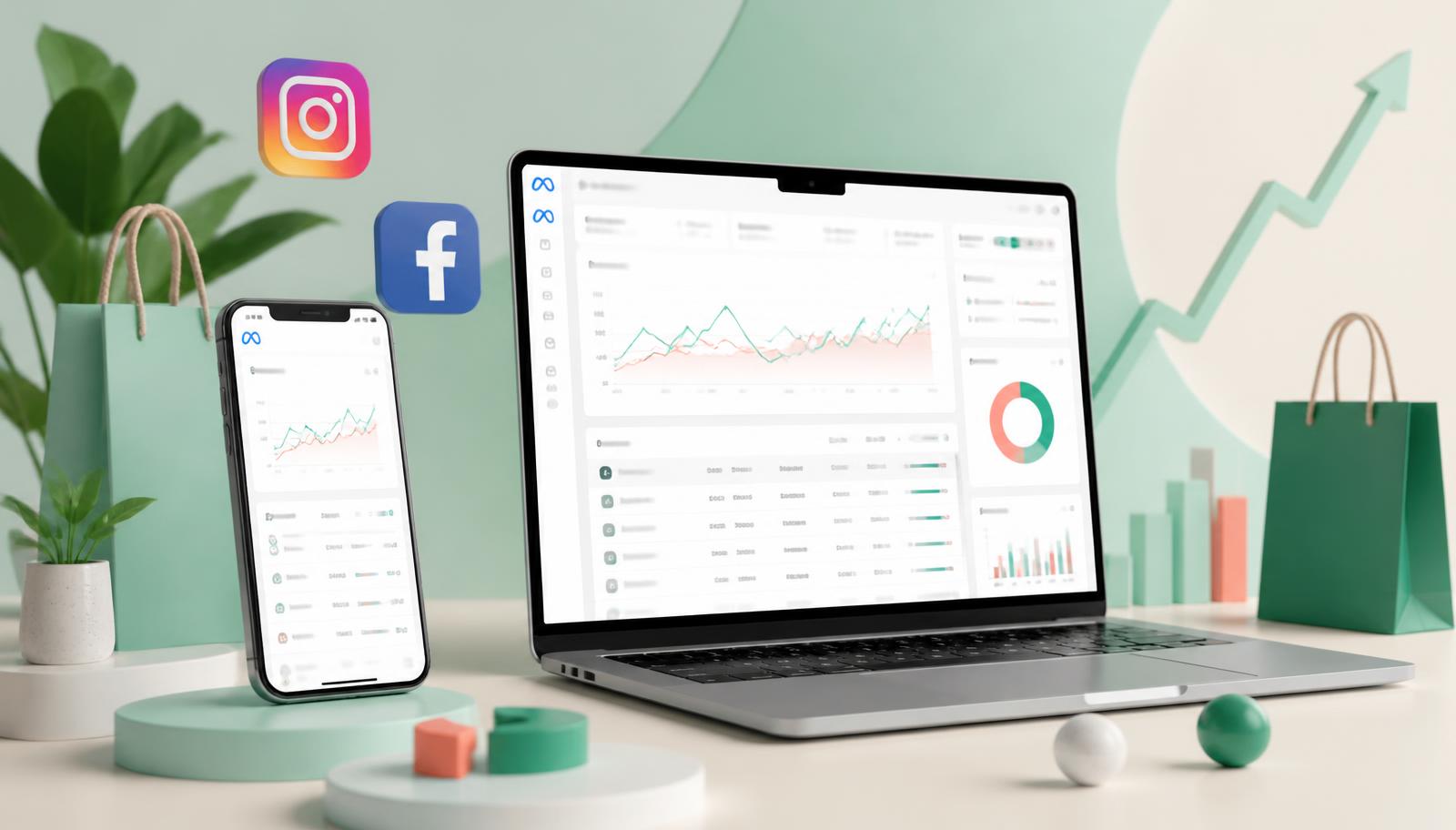 Dashboard de Meta Ads en laptop y smartphone mostrando métricas de campañas publicitarias para ecommerce